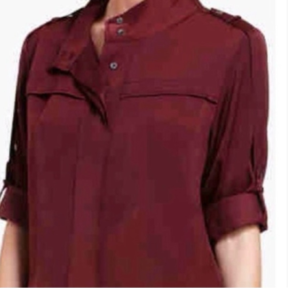 BCBGMAXAZRIA Burgundy Satin Button-Up Blouse